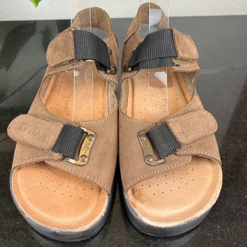 Fly Flot Tan Anatomic Anti Shock Two Strap Hook Loop Leather Sandal Size 11-11.5